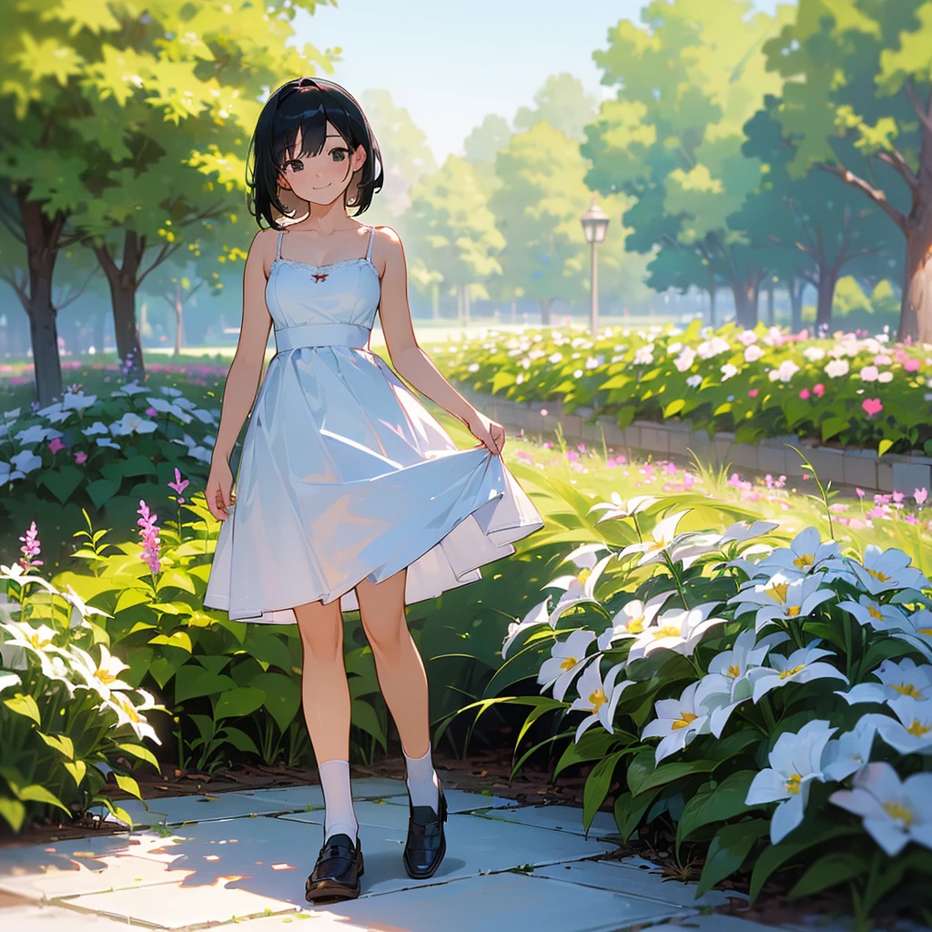 (high quality, High resolution, Very detailed, reality:1.37), Peaceful atmosphere, (Outdoor, garden), age girl standing alone, (my breasts are big.), Beautiful details, Cute Smile, (Black bob hair), White camisole dress, White socks, loafers.