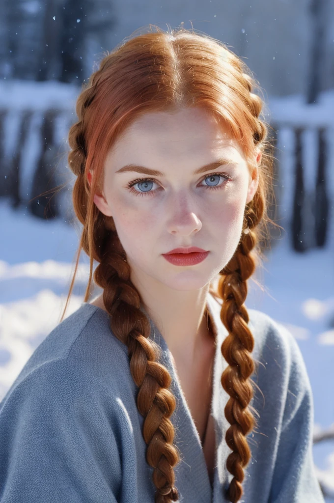 Realistic portrait of a girl with red hair in braids. , straight nose, soft facial features , many moles on the body , gray blue eyes ,clothing from the 20s of the ussr