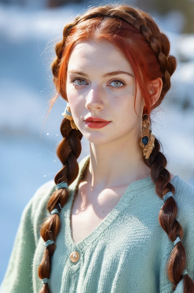 Realistic portrait of a girl with red hair in braids. , straight nose, soft facial features , many moles on the body , gray blue eyes ,clothing from the 20s of the ussr