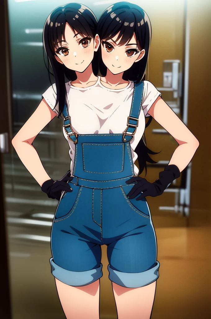 (16K), two headed girl, smiling, highres, masterpiece, ((black hair)),, ((different hair styles)), (childish personality), (brown eyes), ((denim overalls)), white shirt, ((slim hips)), casual dress, age girl, Beautiful girl with cute eyes