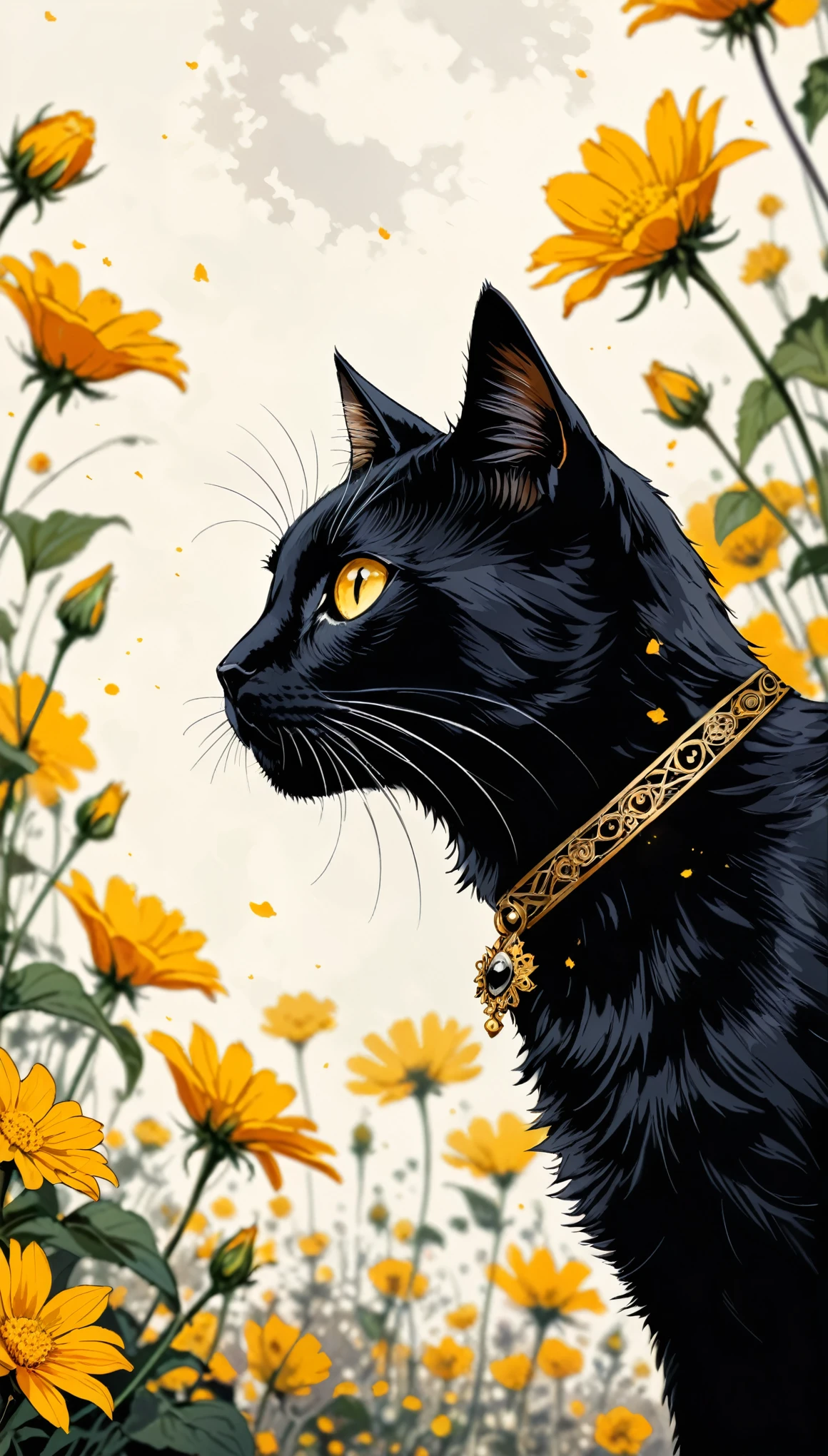 (in style of Harry Clarke:0.5),(in style of Santiago Caruso:0.7),
1black cat, Golden vertical pupil, BREAK
flower background,(flower foreground:1.6),( background blurred:1.7),from_Side,figure-centered composition,look up,(photo:1.4),(authentic:1.5),mid_shot,looking at viewer,(blurry foreground:1.5),