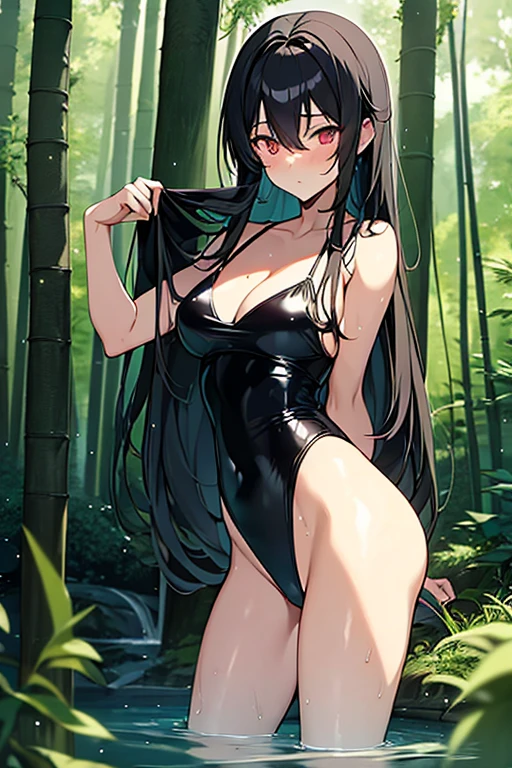 Anime girl in black swimsuit poses in the forest, conceptual art inspired by Rei Kamoi, pixiv, what is?, moist and shiny skin!!, revy black lagoon, Revy from Black Lagoon,  beautiful anime girl, The character is in his natural pose., Yuri Misaki, wet swimsuit