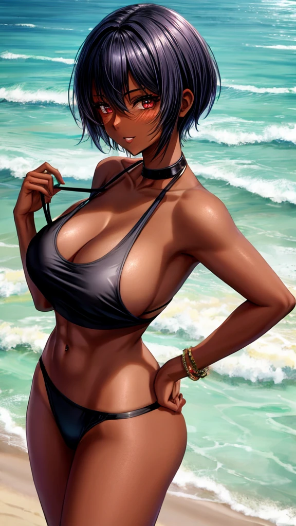  masterpiece, best quality, ultra detailed, BREAK 1人の女の子, 18_ years_ old, BREAK abs body, (Black Hair, Pixie Cut, Dark skinned women, Dark Skin), (competition_swimsuit_tanned_skin, chest, gigantic chest, Perfect hands, perfect fingers:1.2), shiny hair, shiny skin, oily, BREAK (tank-top bikini:1.3), pleased, (1girl standing, cowboy shot:1.2), (contrasted, One hand on hip:1.2), outside, beach, evening, (ass pov), (from above, high angle, looking ahead:1.2), 