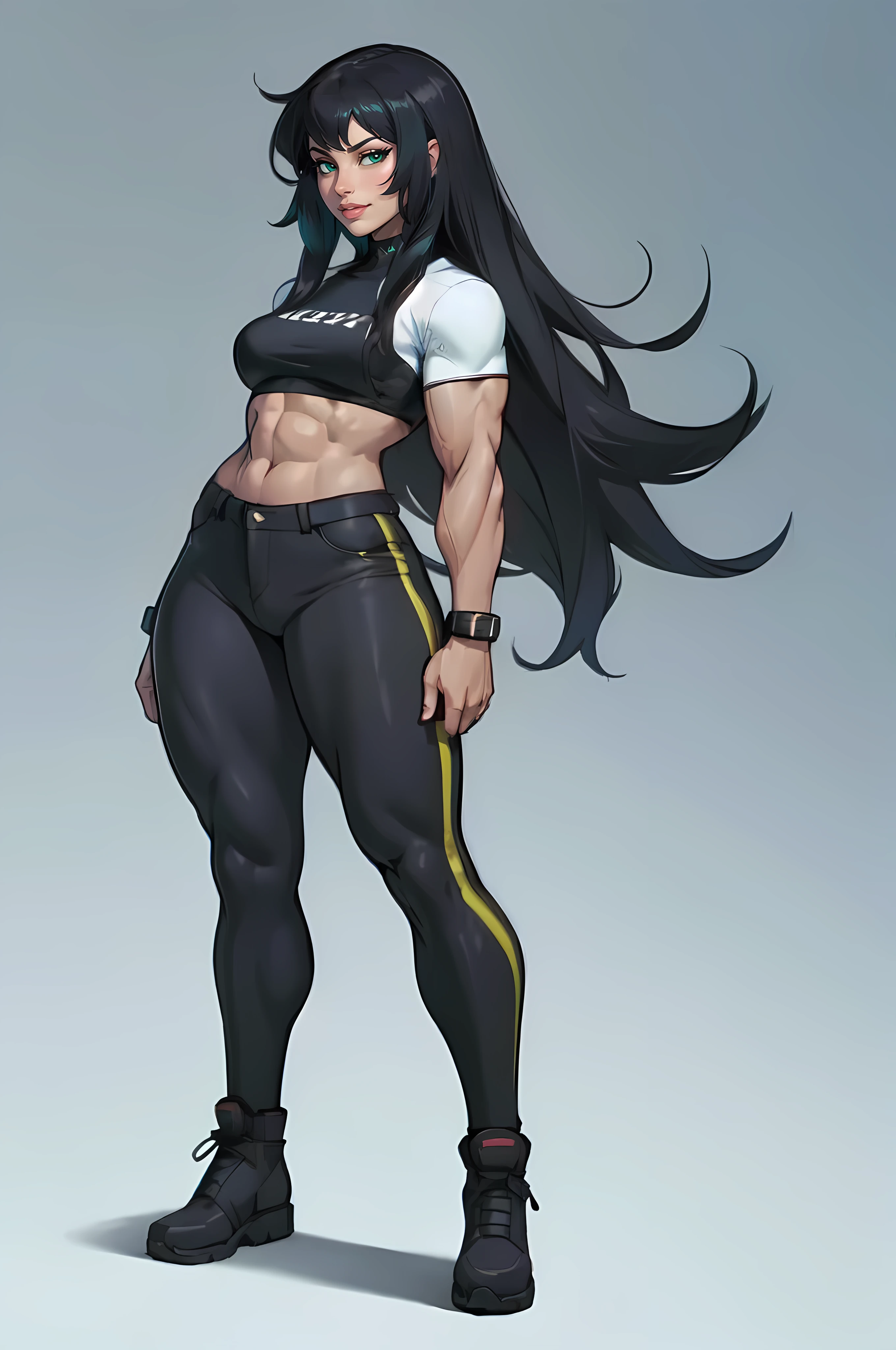 ((((muscular 1girl)))) ((thick thighs toned body small breasts)) pale skin black hair yellow eyes very long hair ((full body)) tight shirt tight pants