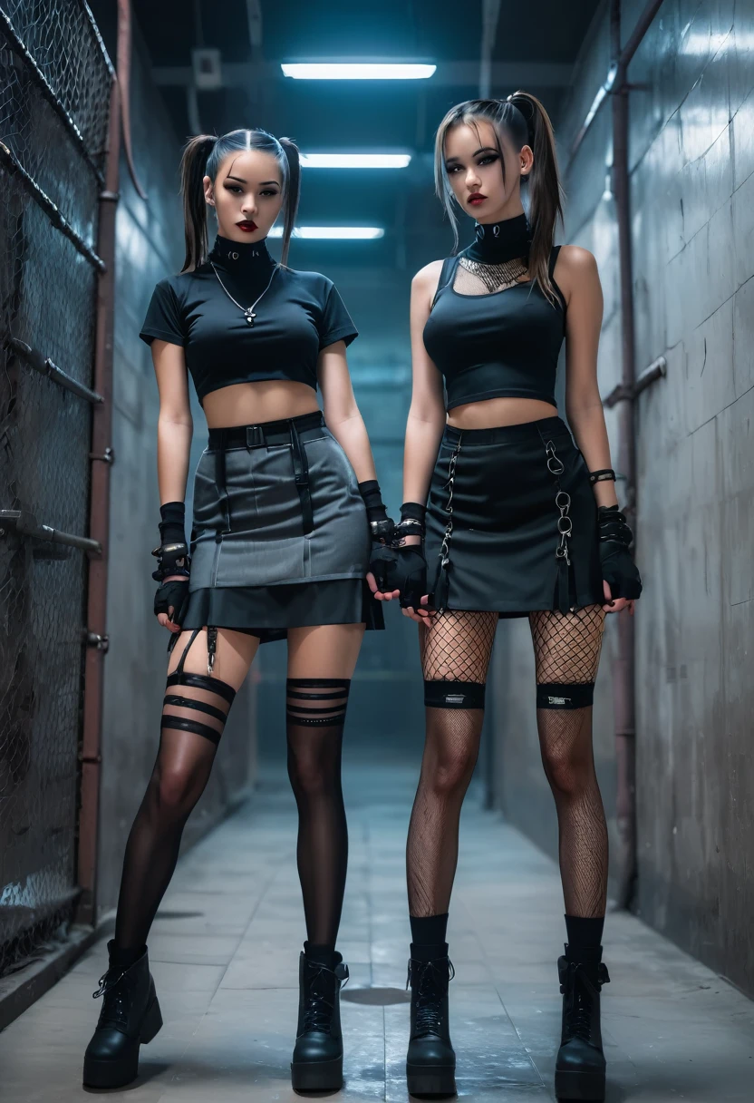 in a cyberpunk prison, Two girls, Handcuffed hands, Long hair, pony tail, topknot, T-shirt with mini slit, split miniskirt, fishnet stockings, knee-high boots, 项链, black choker, Half gloves, Finger tights, sexy submissive standing pose, Rocklift, Inspiration
