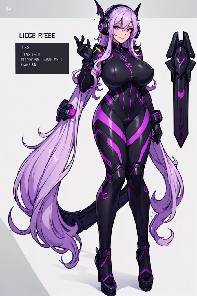 (masterpiece, best quality, high resolution,) a beautiful woman, ((huge breasts)), very long and curly lilac hair, lilac eyes, black lips, makeup, plug-in suit, black pilot suit and lilac full body evil smile, black and lilac interface headphones,((white background,)), ((full body standing)),