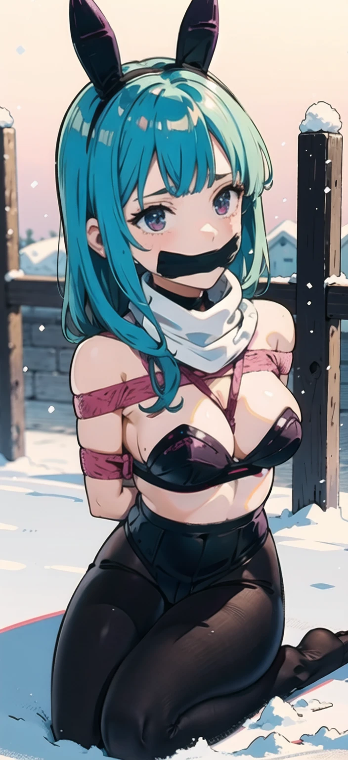 ((Full body photo, standing, on the floor)) 1girl, winter clothes, long pants, winter coat, scarf, snowflake hair ornament, grey eyes, red lip,((kneeling, arms behind back, bound arm, bound wrists, bound legs, wrists behind waist, rope bondage, shibari over clothes)),(masterpiece:1.2), best quality, masterpiece, highres, original, extremely detailed wallpaper, perfect lighting,(extremely detailed CG:1.2) , (sweatdrop, winter, plum blossoms, snowing, snow, wind, outdoor, sad, nature, ),from above, looking down, steam from mouth,