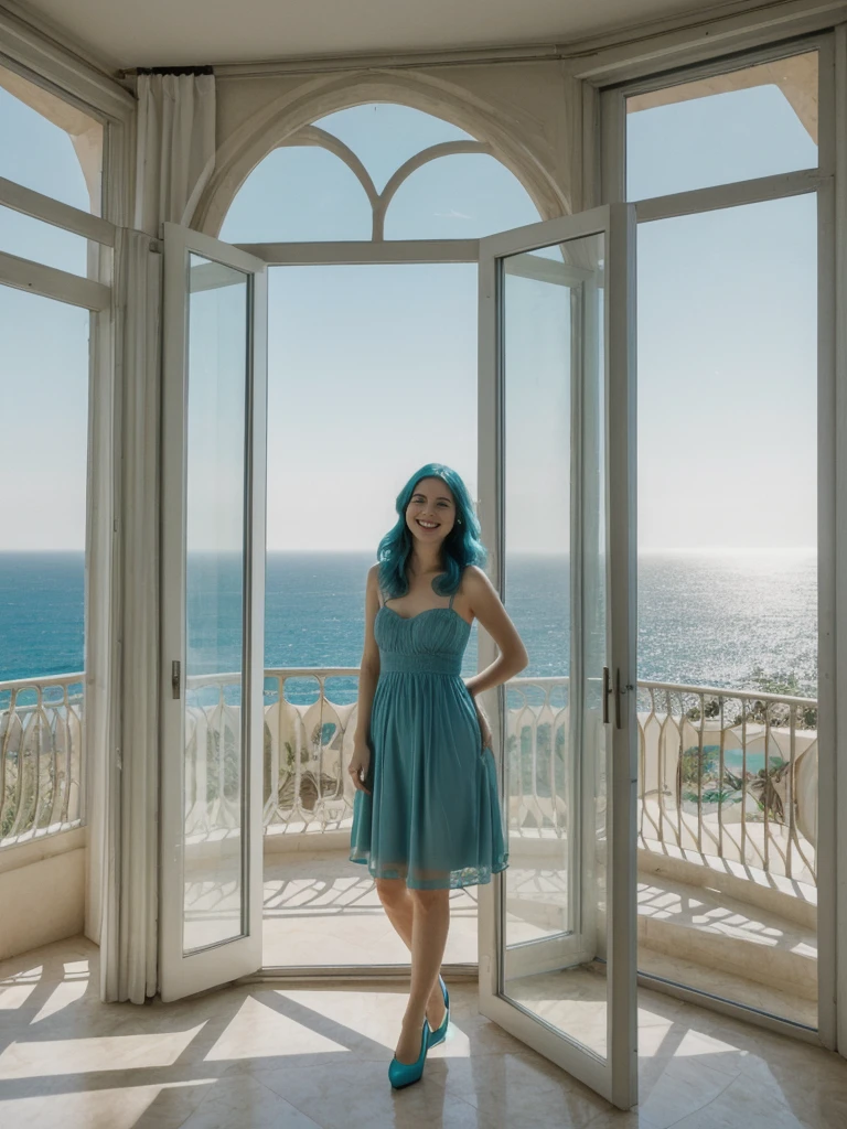 her name is Amelie, high quality, 1girl, ((25-year-old fit Caucasian woman)), ((25 years old)), ((BODY TYPE: HOURGLASS)), ((Teal COLORED Hair)), smiling, pose: SEXY BOUDOIR POSE, wearing Well-dressed ULTRA MODERN LINGERIE, BACKGROUND: "A glamorous villa with modern decor, open living spaces, and large windows offering views of the Mediterranean Sea."