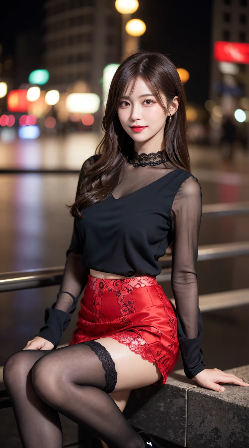 highest quality, masterpiece, 8K, ultra high resolution, (realistic: 1.4),  1 girl, beautiful face, symmetrical eyes, Japanese, smile, brown hair, perfect body proportions,  full body, smile , large breasts, high heels, wearing makeup , pantyhose,  ((red lace fabric blouse)), ((silk black color skirt)), ((tight fitting skirt )), (laced long sleeve) , (city night, dark night, (blurred background), dim lights, cityscape,  in the dark, deep shadow, sitting , crossed legs, (legs shown: 1.3)
