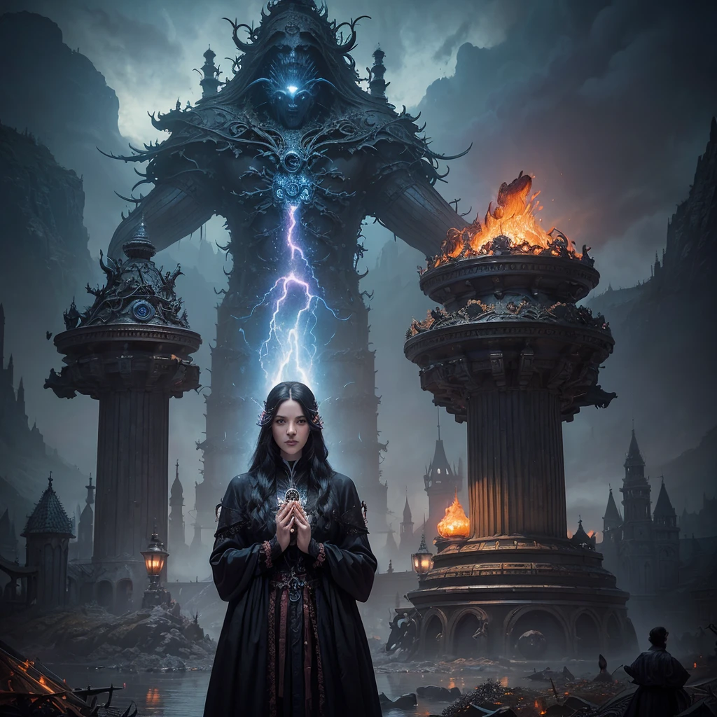 Dark praying Orion around two lovers. Mystic style, trending on artstation, concept art, seb mckinnon, hyperrealism, rococo, matte painting, cinema 4d, digital painting, james jean, detailed, entangled, flickering light, john kenn mortensen, seb mckinnon, greg rutkowski, asaf hanuka, peter mohrbacher