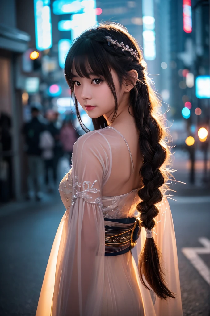 --- Image prompt details:
This image is、It depicts a beautiful Japanese girl against a night scene.。The characteristics of a beautiful girl are、She has an intricately braided hairstyle.、The face and body are decorated with glowing LED lights.。The costume is made of a thin material、LED lights are embedded throughout、It is designed to make the flashing and flowing lights look beautiful.。The costumes have a futuristic design.、The light flows along the lines of the body.。
The background is a night cityscape.、The dim light brings out the beautiful girl.。The pose is staring diagonally at the camera.、Has a confident look。As a photographic technique、Combining long exposures with high sensitivity settings、It beautifully captures the flow of LED light.。Also、Focus on the subject、By blurring the background、It gives a sense of depth and volume.。The vertical composition emphasizes the beautiful girl's whole body.、It gives a realistic and dynamic impression.。
