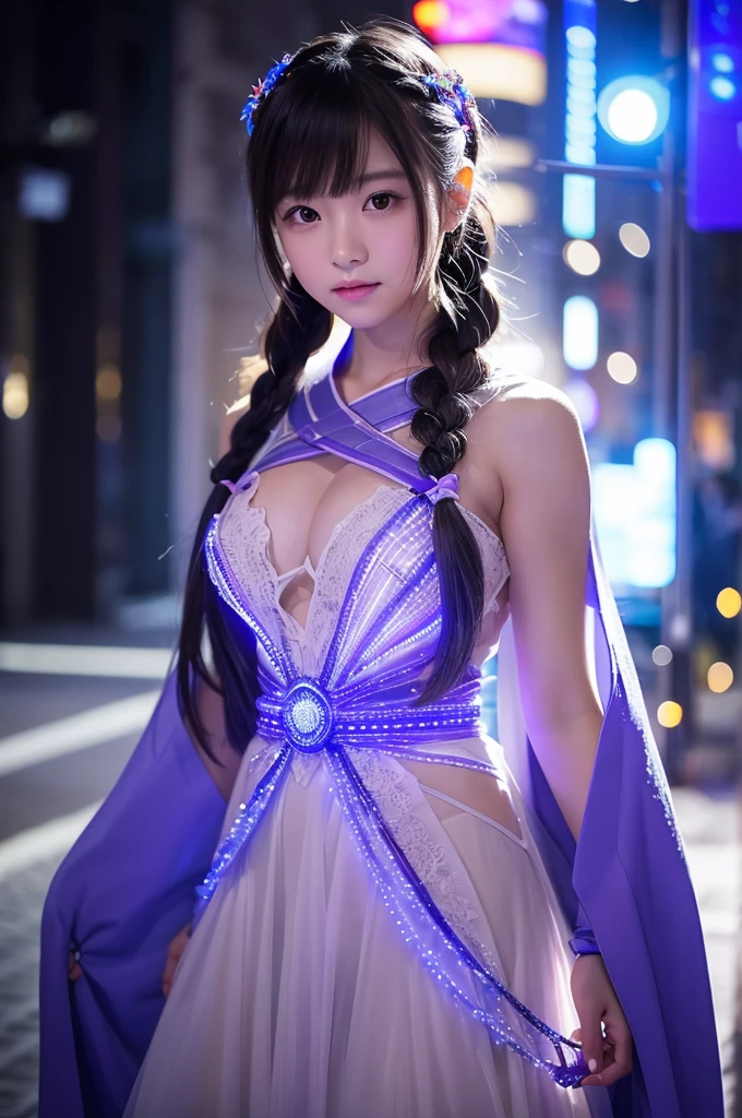 --- Image prompt details:
This image is、It depicts a beautiful Japanese girl against a night scene.。The characteristics of a beautiful girl are、She has an intricately braided hairstyle.、The face and body are decorated with glowing LED lights.。The costume is made of a thin material、LED lights are embedded throughout、It is designed to make the flashing and flowing lights look beautiful.。The costumes have a futuristic design.、The light flows along the lines of the body.。
The background is a night cityscape.、The dim light brings out the beautiful girl.。The pose is staring diagonally at the camera.、Has a confident look。As a photographic technique、Combining long exposures with high sensitivity settings、It beautifully captures the flow of LED light.。Also、Focus on the subject、By blurring the background、It gives a sense of depth and volume.。The vertical composition emphasizes the beautiful girl's whole body.、It gives a realistic and dynamic impression.。
