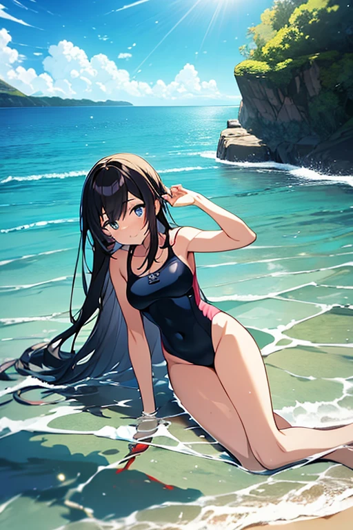 An anime girl in a swimsuit on a beach submerged in the water, observing a beautiful goldfish