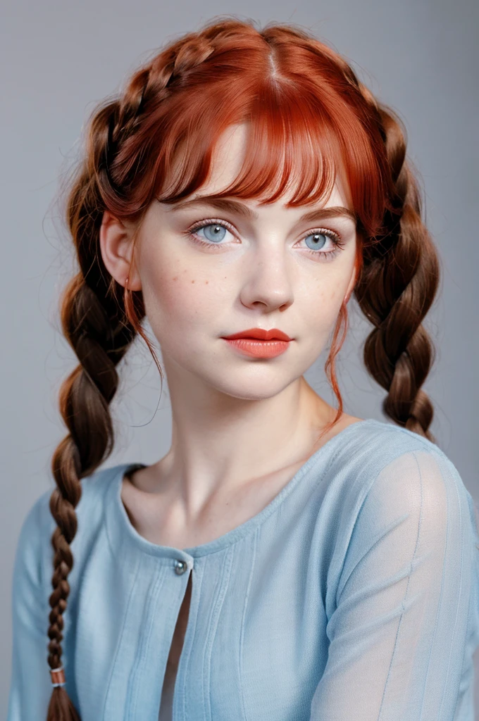 Realistic portrait of a girl with red hair in braids. , straight nose, soft facial features , many moles on the body , gray blue eyes ,clothing from the 20s of the ussr