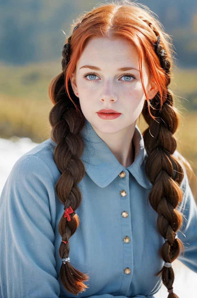 Realistic portrait of a girl with red hair in braids. , straight nose, soft facial features , many moles on the body , gray blue eyes ,clothing from the 20s of the ussr