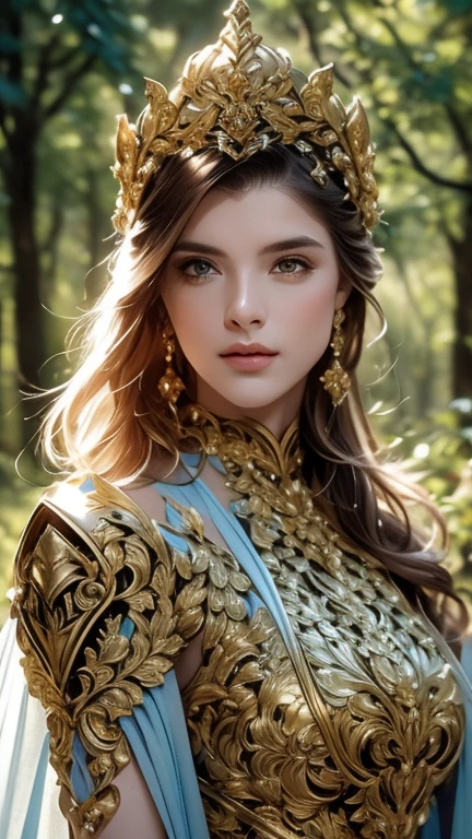 Adriana Malkova is a beautiful, ethereal knight, cheveux verts sombre lumineux, in the style of Boris Vallejo, highly detailed sexy filigree armor, very detailed face, highly detailed skin, sublimely shaped body, abdominaux légèrement dessinés, (Des proportions parfaites), Aesthetics of finely crafted, highly detailed metal , fond foret luxuriante, High quality, masterpiece, Realistic photo, Complex and detailed, 8k, hdr, faible profondeur de champ, Wide light, high contrast, backlight, Sharpness, Photo couleur brute, en regardant la caméra, couleurs fraîches, poitrine push-up