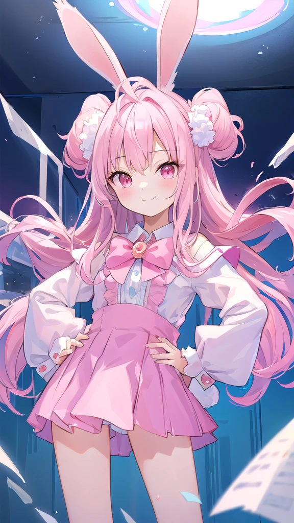 ((masterpiece))、(((Highest quality)))、((Super detailed))、((An illustration))、Attention to detail、Highly detailed CG unity 8k、High resolution、美しいAttention to detail目、Attention to detail、美しいAttention to detail目,美しいAn illustration, pretty girl,, Bedroom, pastel colour, (Fluffy bunny ears), Bright lighting,Pink Eyes,(((Long pink hair))),smile,(((Hands on hips))),