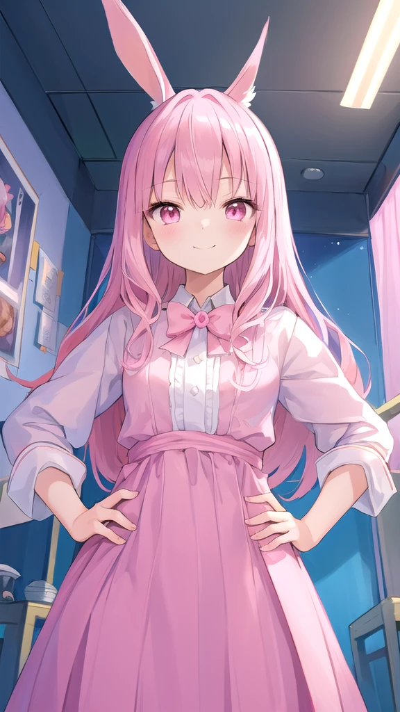 ((masterpiece))、(((Highest quality)))、((Super detailed))、((An illustration))、Attention to detail、Highly detailed CG unity 8k、High resolution、美しいAttention to detail目、Attention to detail、美しいAttention to detail目,美しいAn illustration,  pretty girl,, Bedroom, pastel colour, (Fluffy bunny ears), Bright lighting,Pink Eyes,(((Long pink hair))),smile,(((Hands on hips))),