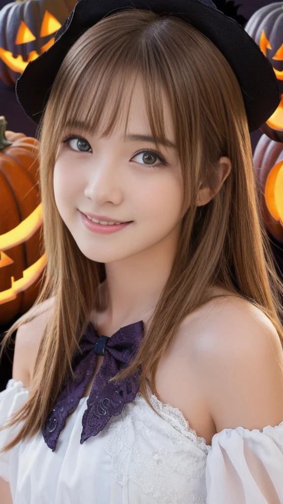 (upper body photo,a 26 year old japanese girl, detailed face, beautiful detailed eyes, beautiful charming smile, extremely detailed face, cute, anime style, halloween party:2.0), colorful lights, pumpkin decorations, haunted house, fog, spooky atmosphere, (best quality, 4k, highres, masterpiece:1.2), realistic, photorealistic, photo-realistic, vivid colors, intricate details, fantasy, soft lighting, magical