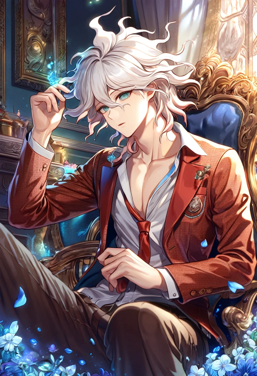 absurdres, highres, ultra detailed, HDR, master piece, Komaeda Nagito, white hair, expressive gray-green eyes, brown-red blazer, red tie, white shirt, Danganronpa, sexy man sitting, room, handsome, best quality, flowers, fantasy, magical, solo, blue shining fireflies, blue petals, sensual
