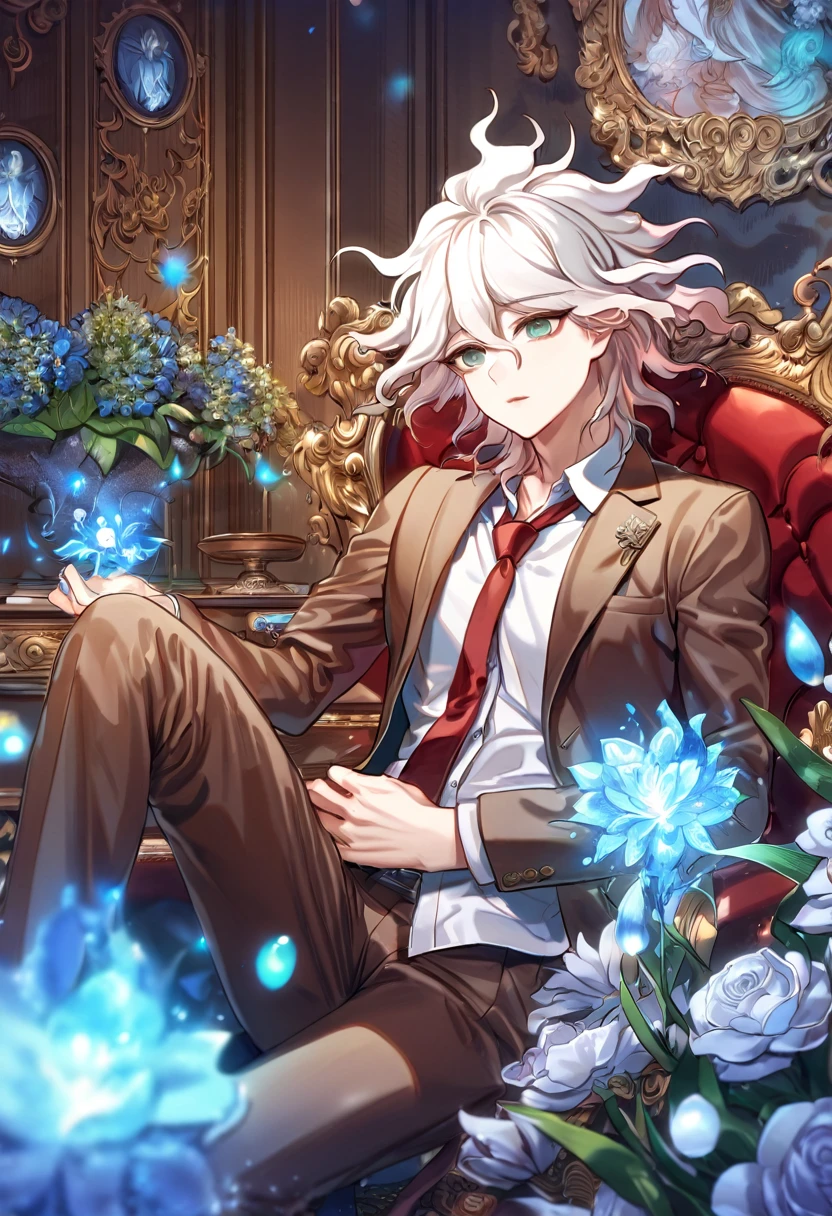 absurdres, highres, ultra detailed, HDR, master piece, Komaeda Nagito, white hair, expressive gray-green eyes, brown-red blazer, red tie, white shirt, Danganronpa, sexy man sitting, room, handsome, best quality, flowers, fantasy, magical, solo, blue shining fireflies, blue petals, sensual