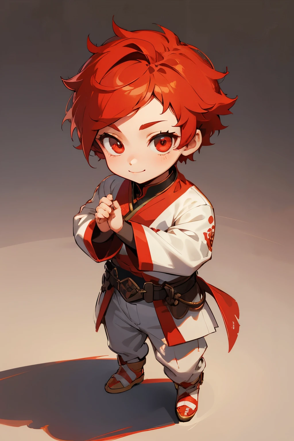 boy, full body, smile, thanks pose, cartoon style, chibi style, cute, beautiful face, red color eye, beautiful eye, high detailed pupil, double eyelid, high detailed skin, high quality skin, red color hair, white clothes, professional lighting, real shadow, masterpiece,