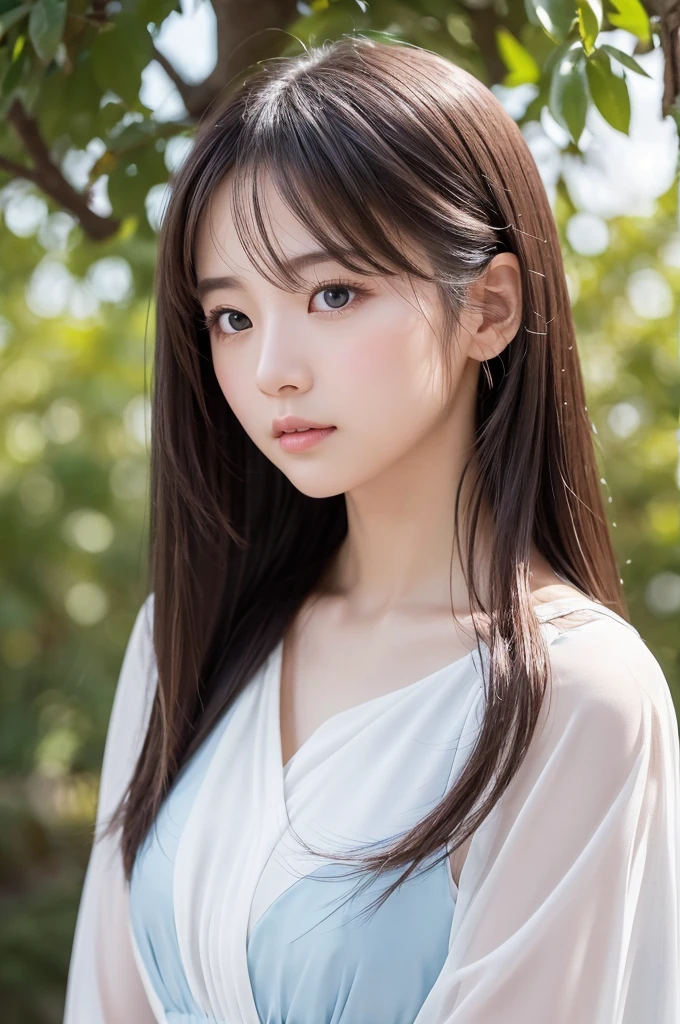 --- The image depicts a beautiful Japanese girl.。Her characteristics are、With beautiful long hair in a mix of pale pink and blue hues、Large, clear eyes。The background is simple and based on white.、Highlights her beauty。
The beautiful girl is wearing a shiny white outfit that feels like thin silk.。This costume is、Reflects soft light to create rainbow highlights、It creates a fantastic atmosphere。Her pose is facing forward、The characteristic of this figure is that she is looking at the camera with her head slightly bowed.。hereby、Her delicate and fragile expression is emphasized.。
As a photographic technique、The handling of light is very skillful、The soft focus effect is used to create a soft impression.。Also、The contrast between light and shadow is subtle、The overall result is a super-realistic, photo-realistic finish with a soft and smooth texture.。The vertical composition captures her whole figure.、It enhances the presence of a beautiful girl.。