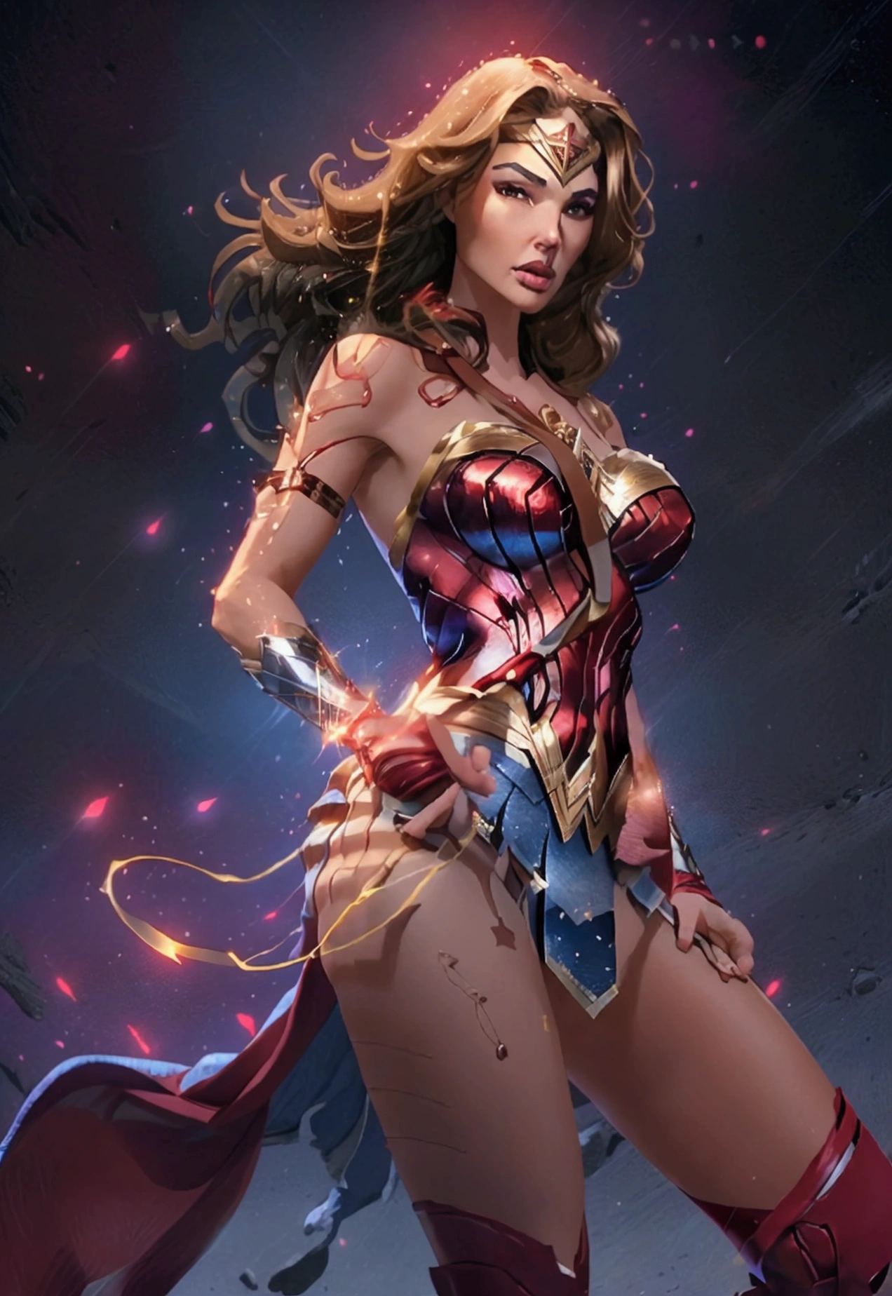 Beautiful and sensual Wonder Woman in red and blue gothic warrior. Wonder Woman, reb shirt with striped sleeves, denim jacket, denim shorts, denim skirt, blue stockings, brown boots, mid riff, white gloves, long blonde hair, ,ruanyi0788,garter belt,garter straps,lingerie,latex,underboob,red bra,thigh strap, bandeau, harem outfit,detached sleeves, bridal gauntlets, red footwear