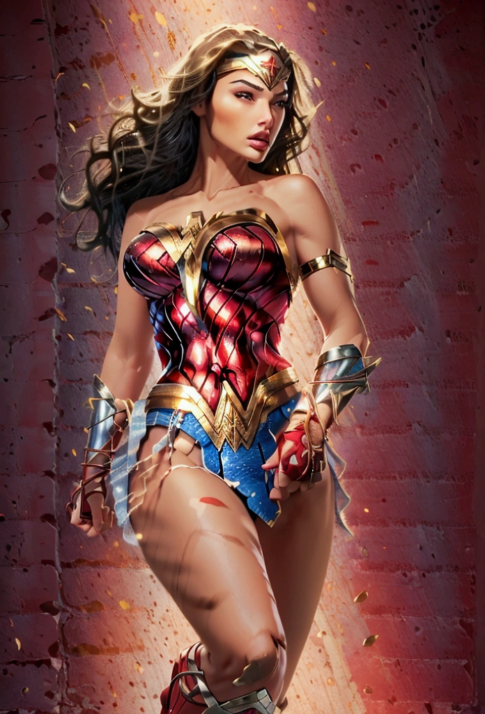 Beautiful and sensual Wonder Woman in red and blue gothic warrior. Wonder Woman, reb shirt with striped sleeves, denim jacket, denim shorts, denim skirt, blue stockings, brown boots, mid riff, white gloves, long blonde hair, ,ruanyi0788,garter belt,garter straps,lingerie,latex,underboob,red bra,thigh strap, bandeau, harem outfit,detached sleeves, bridal gauntlets, red footwear