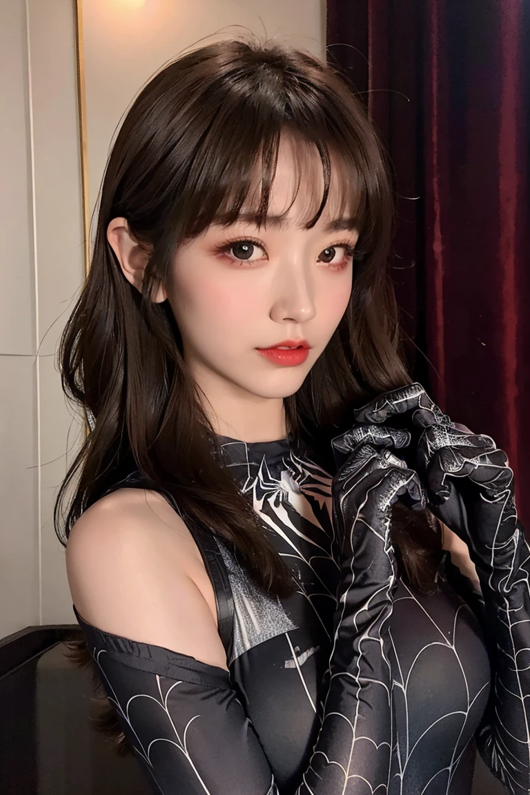 She had a sexy, dominant look on her face while wearing a black Spiderman swimsuit costume.、Realistic long-haired brunette model, 23 years old, Black satin gloves included. She has a big black satin ribbon around her neck.。.