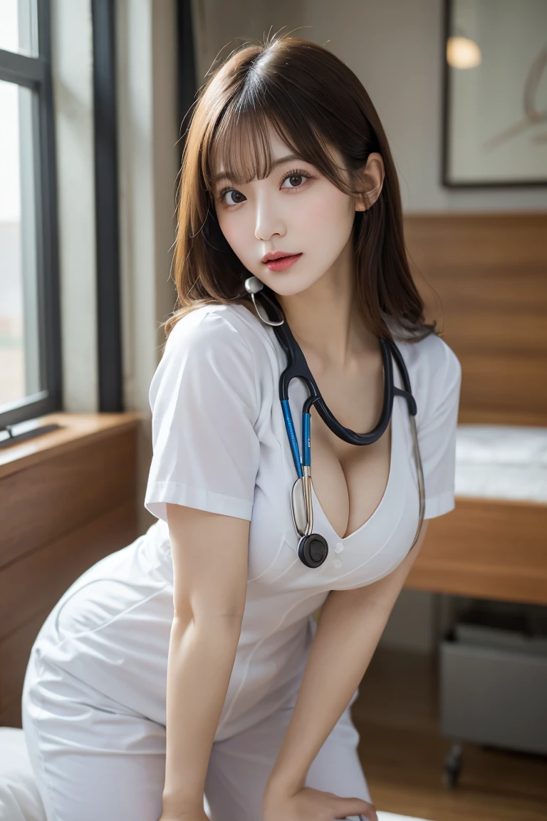 Hospital Nurse, Highest quality, shape, Very detailed, In detail, High resolution, 8k wallpaper, Perfect dynamic composition, Beautiful details, Natural Lip, Cute Nurse Stethoscope, Big Breasts,Full Body Cleavage, She is boldly spreading her legs and posing sexy with a sensual expression.., A masterpiece of the whole body,