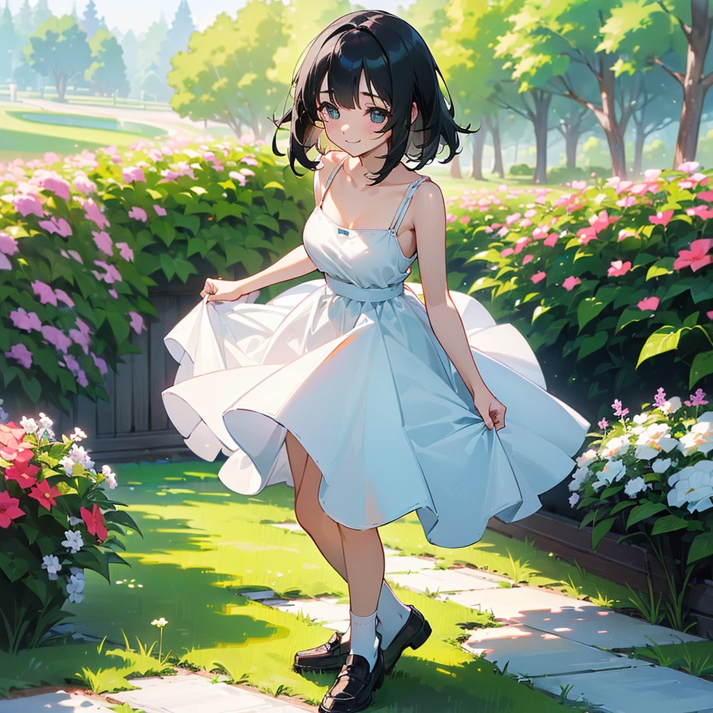 (high quality, High resolution, Very detailed, reality:1.37), Peaceful atmosphere, (Outdoor, garden), Teenage girl standing alone, (my breasts are big.), Beautiful details, Cute Smile, (Black bob hair), White camisole dress, White socks, loafers.