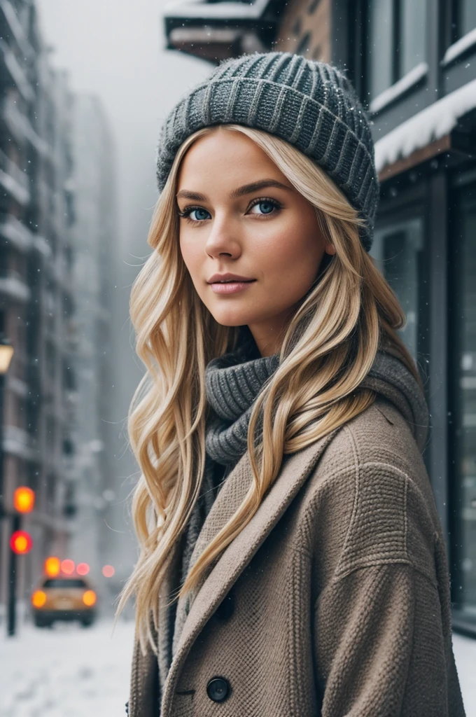professional portrait photograph of a gorgeous Norwegian girl in winter clothing with long wavy blonde hair, sultry flirty look, gorgeous symmetrical face, cute natural makeup, wearing elegant warm winter fashion clothing, ((standing outside in snowy city street)), stunning modern urban environment, ultra realistic, concept art, elegant, highly detailed, intricate, sharp focus, depth of field, f/1. 8, 85mm, medium shot, mid shot, (((professionally color graded))), bright soft diffused light, (volumetric fog), trending on instagram, hdr 4k, 8k