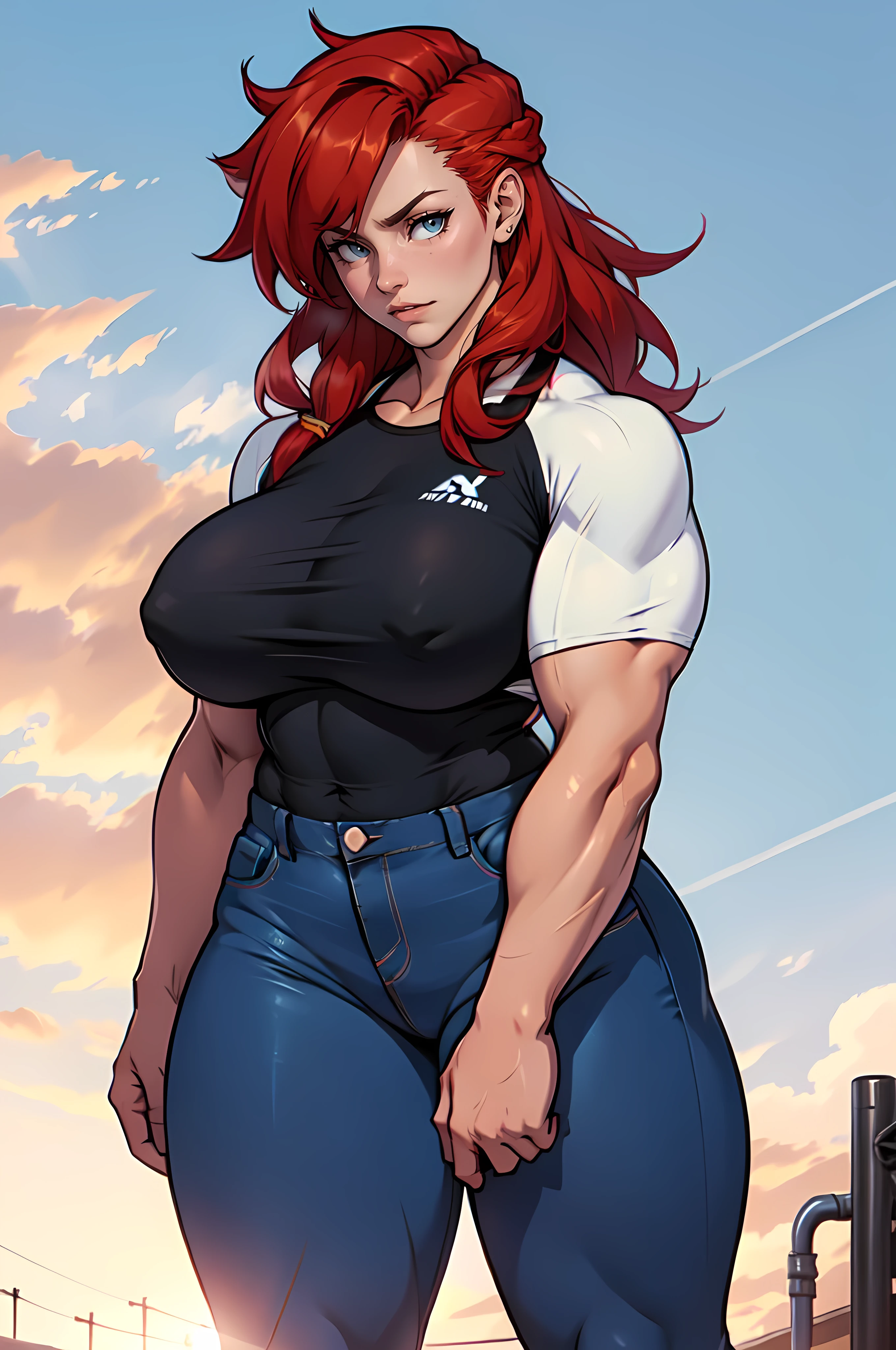 (1girl) solo woman tall girl curvy (extremely long red hair) ((Massive Female Bodybuilder)) perfect female anatomy tight shirt tight pants cowboy shot