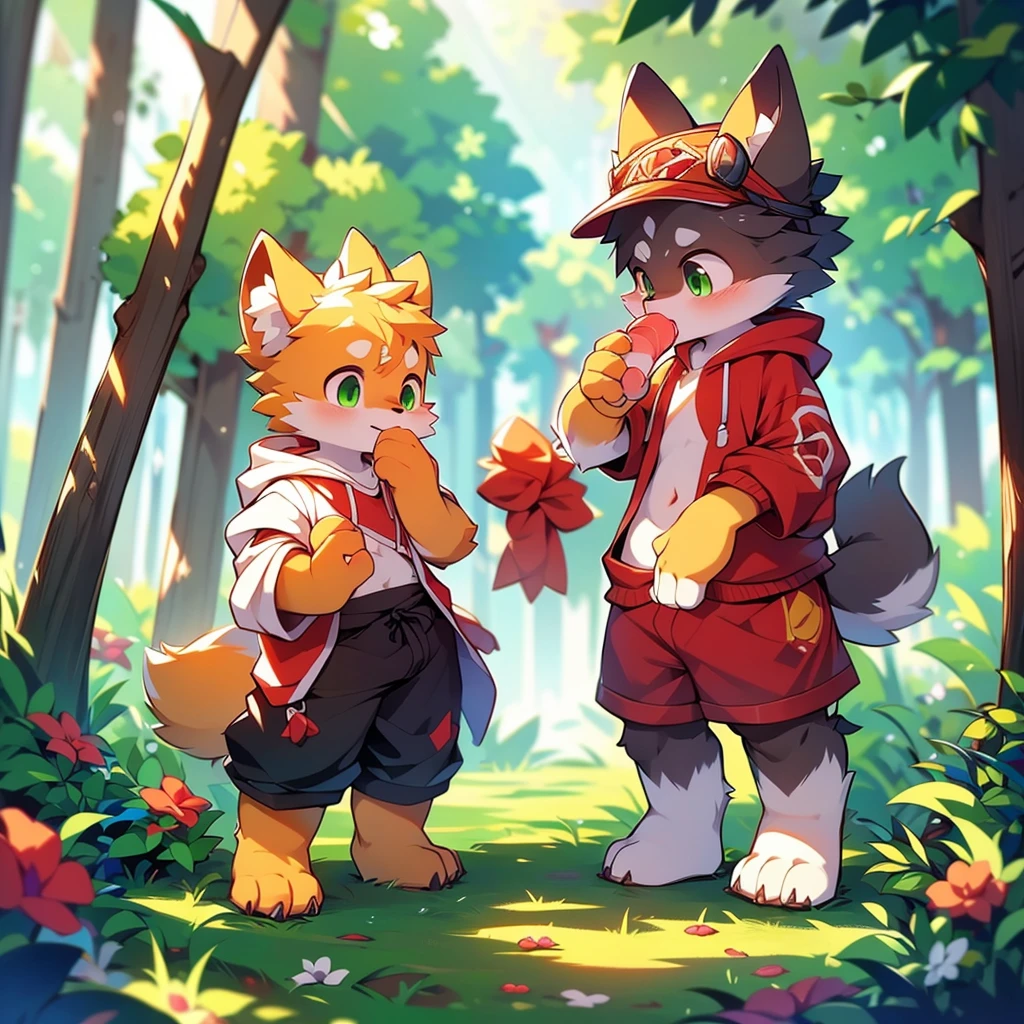 fox boy,Masturbation,penis,Pleasant face, Red collar,bukkake,fellatio【penis】【1boy】Furry,Fox,boy,8k resolution,最High resolution, High resolution,Wearing a hoodie,Green Eyes,summer,Stand up on your own two feet,Two legs,Five fingers of the hand,5 toes,expensive,:expensive stature,fit,Moderate,standard,Green fur
