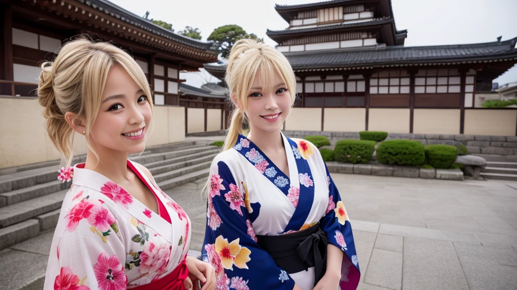 A lone courtesan broadcasts live from Himeji Castle.。Blonde ponytail。Sexy smile、front、yukata、Light clothing、Single