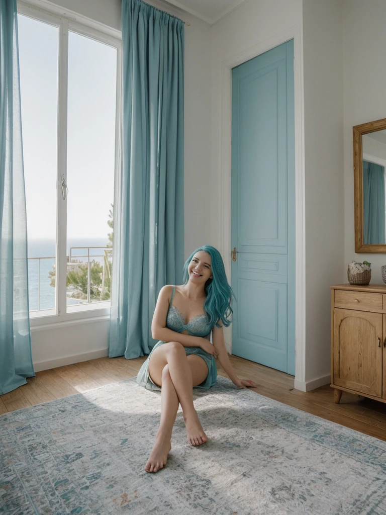 her name is Amelie, high quality, 1girl, ((25-year-old fit Caucasian woman)), ((25 years old)), ((BODY TYPE: HOURGLASS)), ((Teal COLORED Hair)), smiling, pose: SEXY BOUDOIR POSE, wearing Well-dressed ULTRA MODERN LINGERIE, BACKGROUND: "A glamorous villa with modern decor, open living spaces, and large windows offering views of the Mediterranean Sea."
