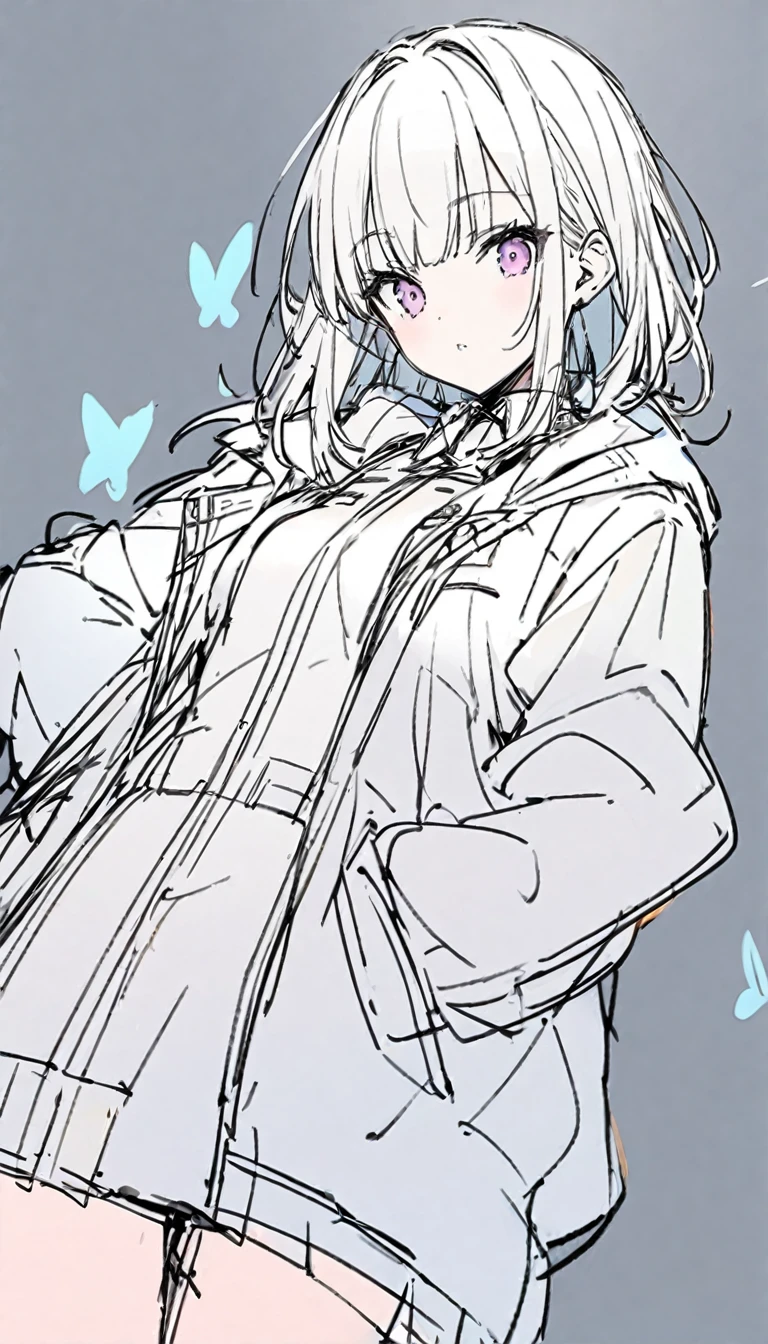 Butterflies are flying、Facing at an angle、Sketch、1girl, stylish, stylish code, large jacket