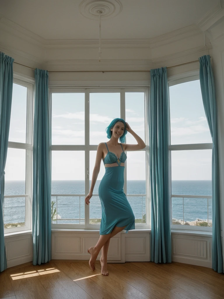 her name is Amelie, high quality, 1girl, ((25-year-old fit Caucasian woman)), ((25 years old)), ((BODY TYPE: HOURGLASS)), ((Teal COLORED Hair)), smiling, pose: SEXY BOUDOIR POSE, wearing Well-dressed ULTRA MODERN LINGERIE, BACKGROUND: "A glamorous villa with modern decor, open living spaces, and large windows offering views of the Mediterranean Sea."
