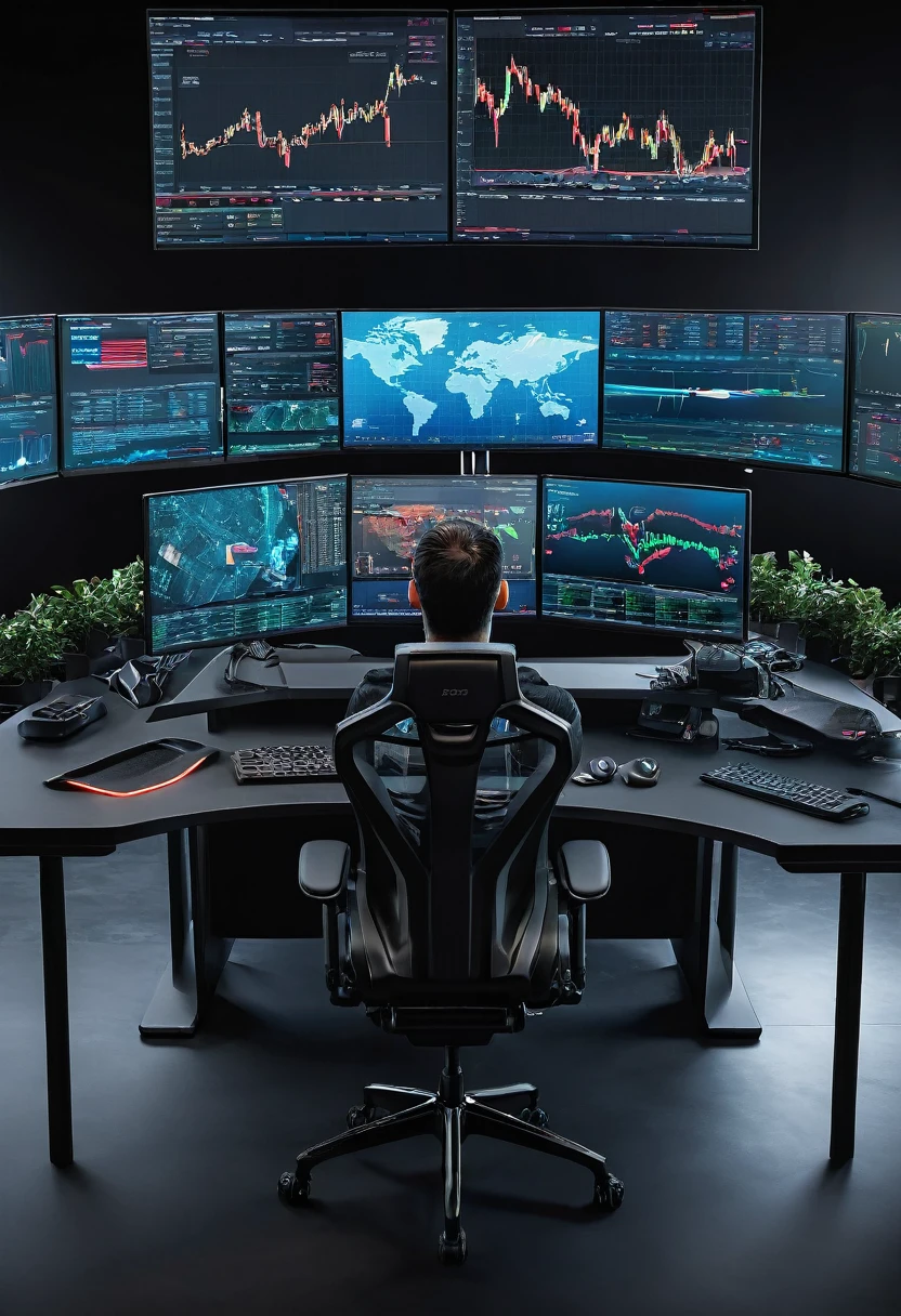 RapaZ working in the financial market with 3 graph screens, an L-shaped table, a gaming chair, ultra realistic and detailed image