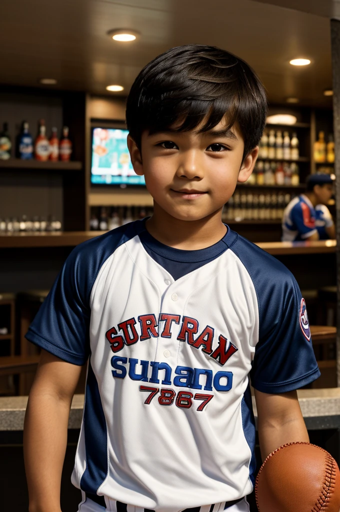 Boy with baseball shirt,almond eyes,light brown skin,silky black hair,white baseball t-shirt,short black and a camera,while holding a toy of a superhero Ultraman and a toy of a baseball player named Ken Sato,while in a baseball stadium doing bar.