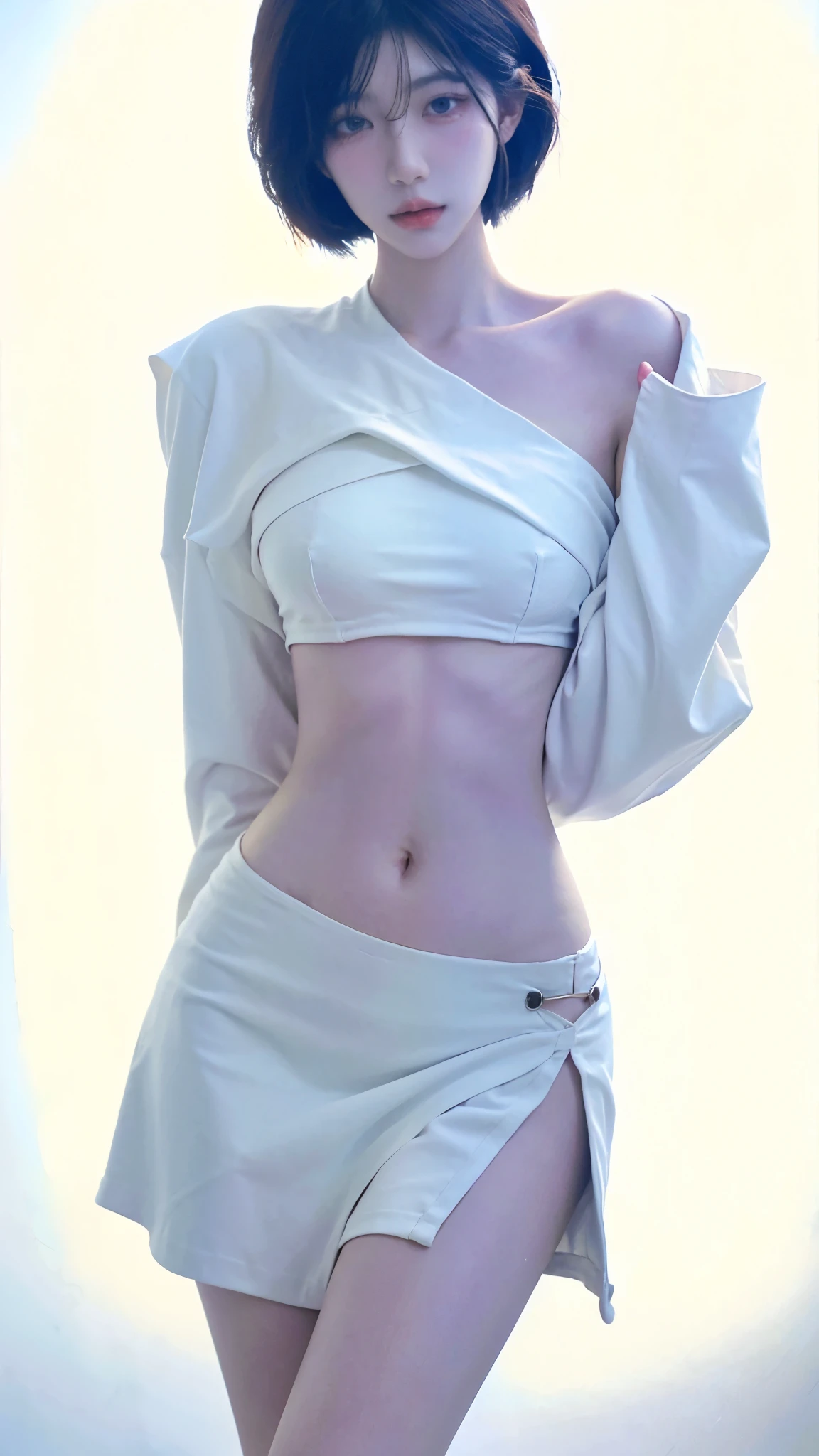 Beautiful woman with perfect figure:1.4，Ultra-high resolution，White background，（lifelike：1.4），Layered Hairstyle，White skin，Bikini:1.5，Super short pleated skirt，whole body，Very delicate face and skin texture，Double eyelids，Skin Whitening，short hair，White hair