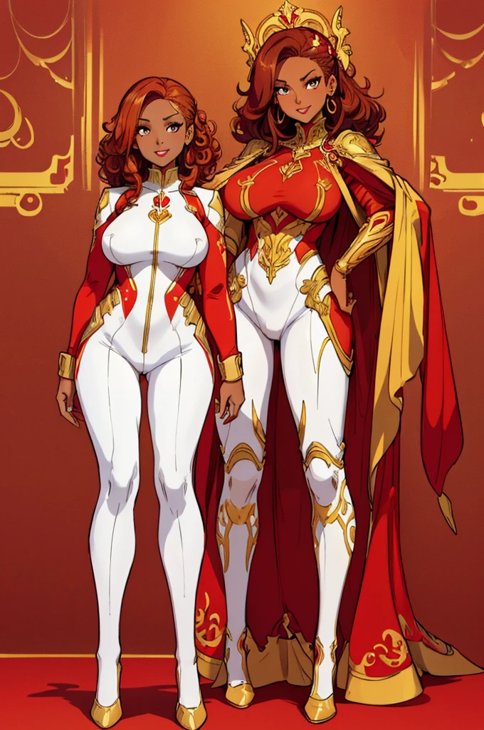 (masterpiece, best quality, high resolution,)a beautiful woman,((huge breasts)),,very short and curly golden hair,,,golden eyes,,,red lips((dark skin)),, plug-in suit, suit red and gold pilot full body flirty smile, red and gold interface headset,((white background,)), ((full body standing)),
