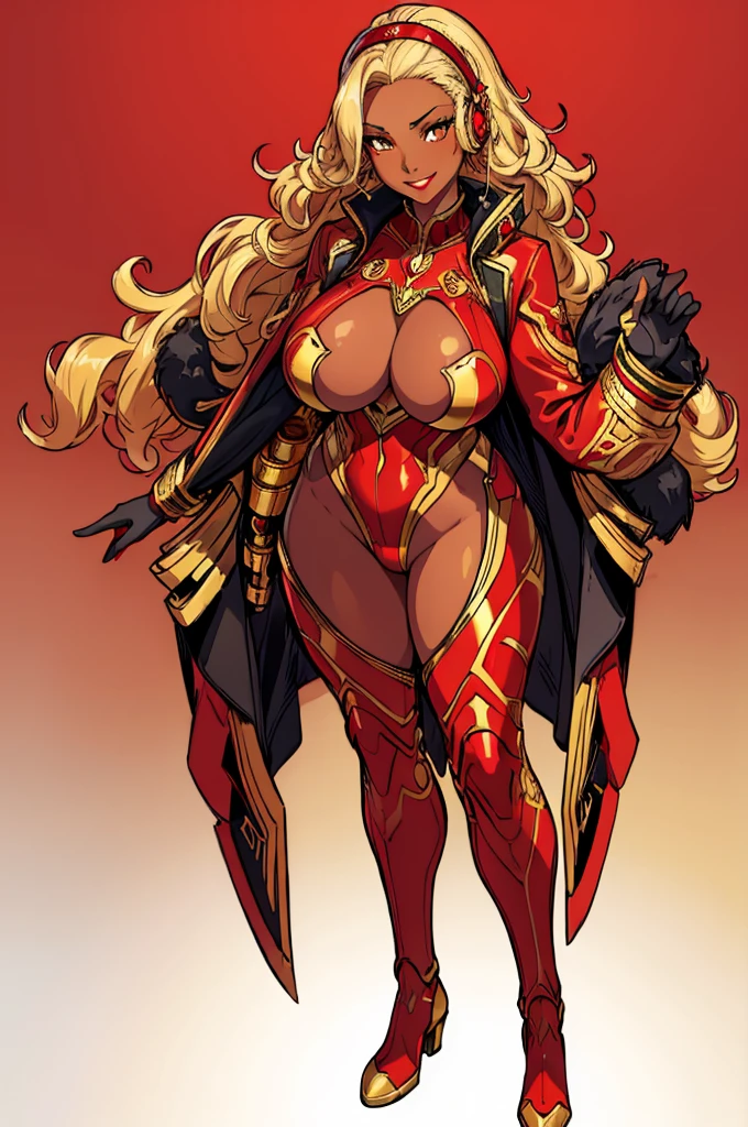 (masterpiece, best quality, high resolution,)a beautiful woman,((huge breasts)),,very short and curly golden hair,,,golden eyes,,,red lips((dark skin)),, plug-in suit, suit red and gold pilot full body flirty smile, red and gold interface headset,((white background,)), ((full body standing)),
