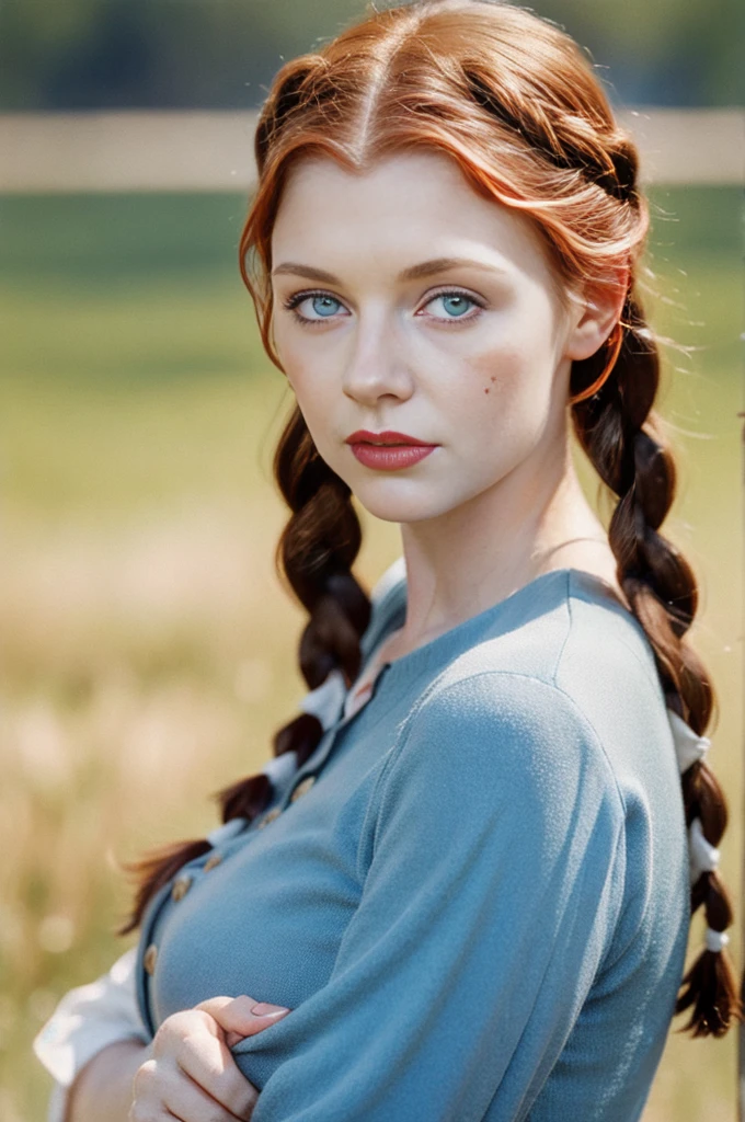 Realistic portrait of a girl with red hair in braids. , straight nose, soft facial features , many moles on the body , gray blue eyes ,clothing from the 20s of the ussr