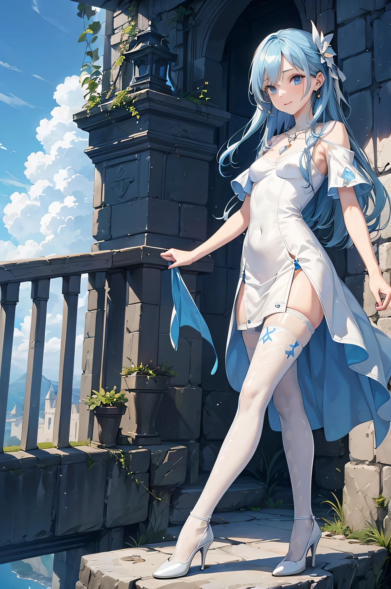 ((32k)), ((best quality)), ((ultra high res)), ((HDR)), ((UHD)), ((extremely detailed CG)), ((unity 32k wallpaper)), (masterpiece, highest quality:1.2), 1 Girl, , alone,Are standing_Split,  Long Hair, Beautiful white hair, Cute white dress, Cute white underwear, 