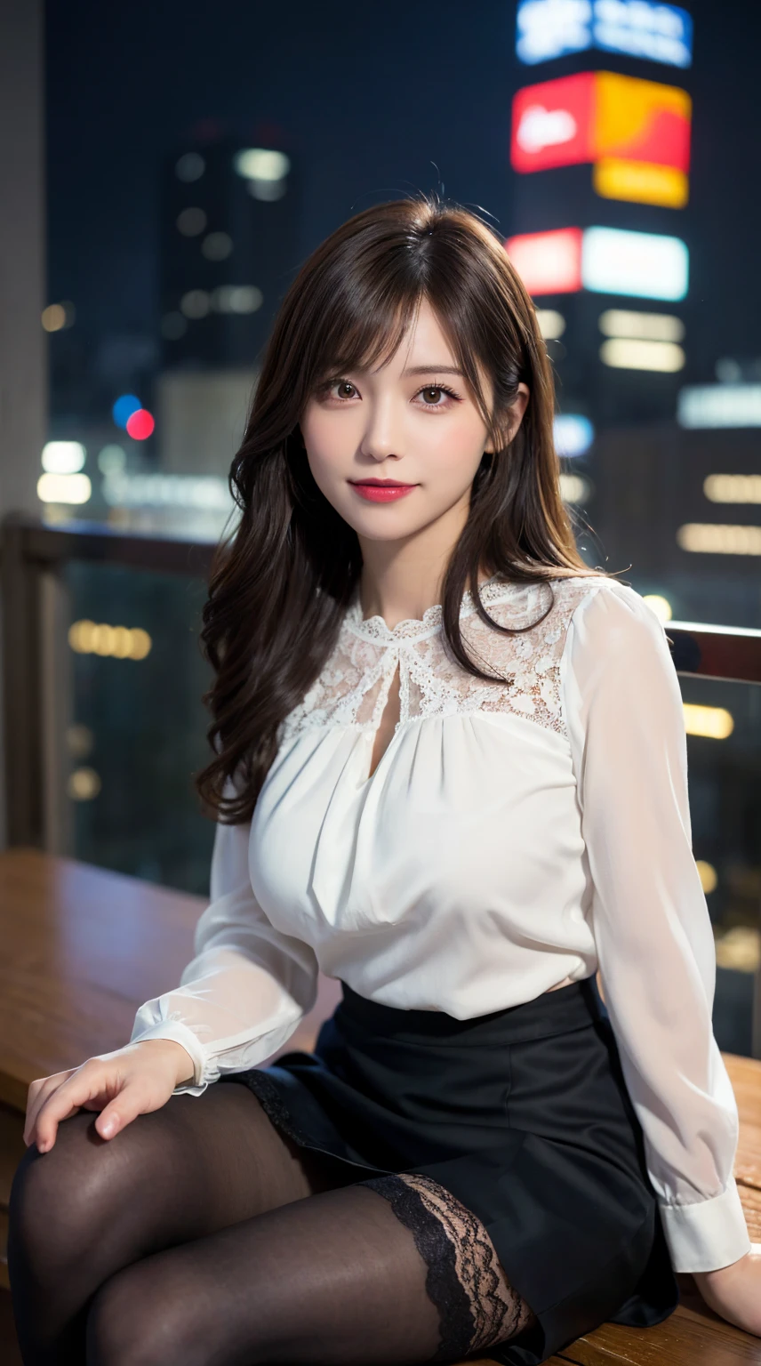 highest quality, masterpiece, 8K, ultra high resolution, (realistic: 1.4), 1 girl, beautiful face, symmetrical eyes, Japanese, smile, brown hair, perfect body proportions, full body, smile , large breasts, high heels, wearing makeup , pantyhose, ((white lace fabric blouse)), ((silk black color skirt)), ((tight fitting skirt )), (laced long sleeve) , (city night, dark night, (blurred background), dim lights, cityscape, in the dark, deep shadow, sitting , crossed legs, (legs shown: 1.3)