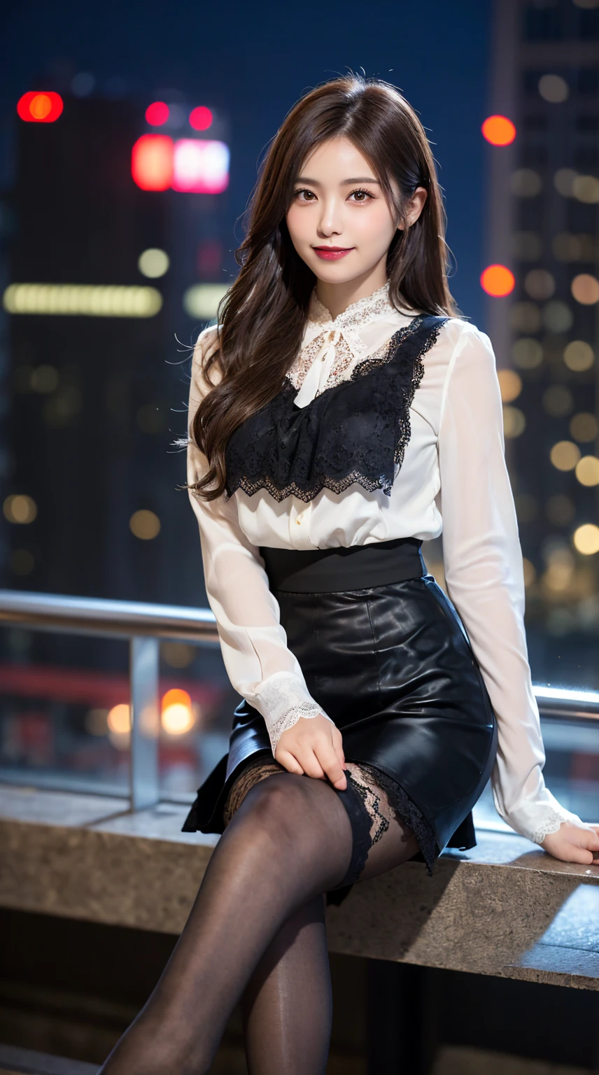 highest quality, masterpiece, 8K, ultra high resolution, (realistic: 1.4),  1 girl, beautiful face, symmetrical eyes, Japanese, smile, brown hair, perfect body proportions,  full body, smile , large breasts, high heels, wearing makeup , pantyhose,  ((white lace fabric blouse)), ((silk black color skirt)), ((tight fitting skirt )), (laced long sleeve) , (city night, dark night, (blurred background), dim lights, cityscape,  in the dark, deep shadow, sitting , crossed legs, (legs shown: 1.3)
