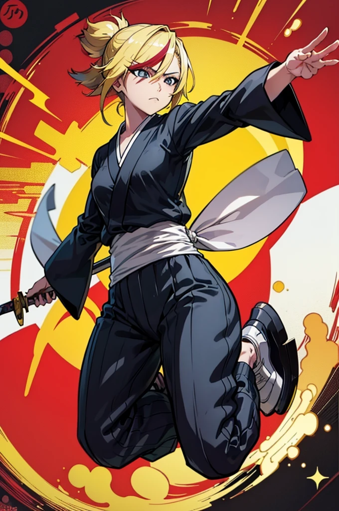 a drawing of a woman in a black outfit holding a sword, blonde, cute, inspired by Kusumi Morikage, inspired by Kanō Hōgai, inspired by Kano Sanraku, inspired by Kawabata Ryūshi, Female Samurai, Japanese anime style, anime style character