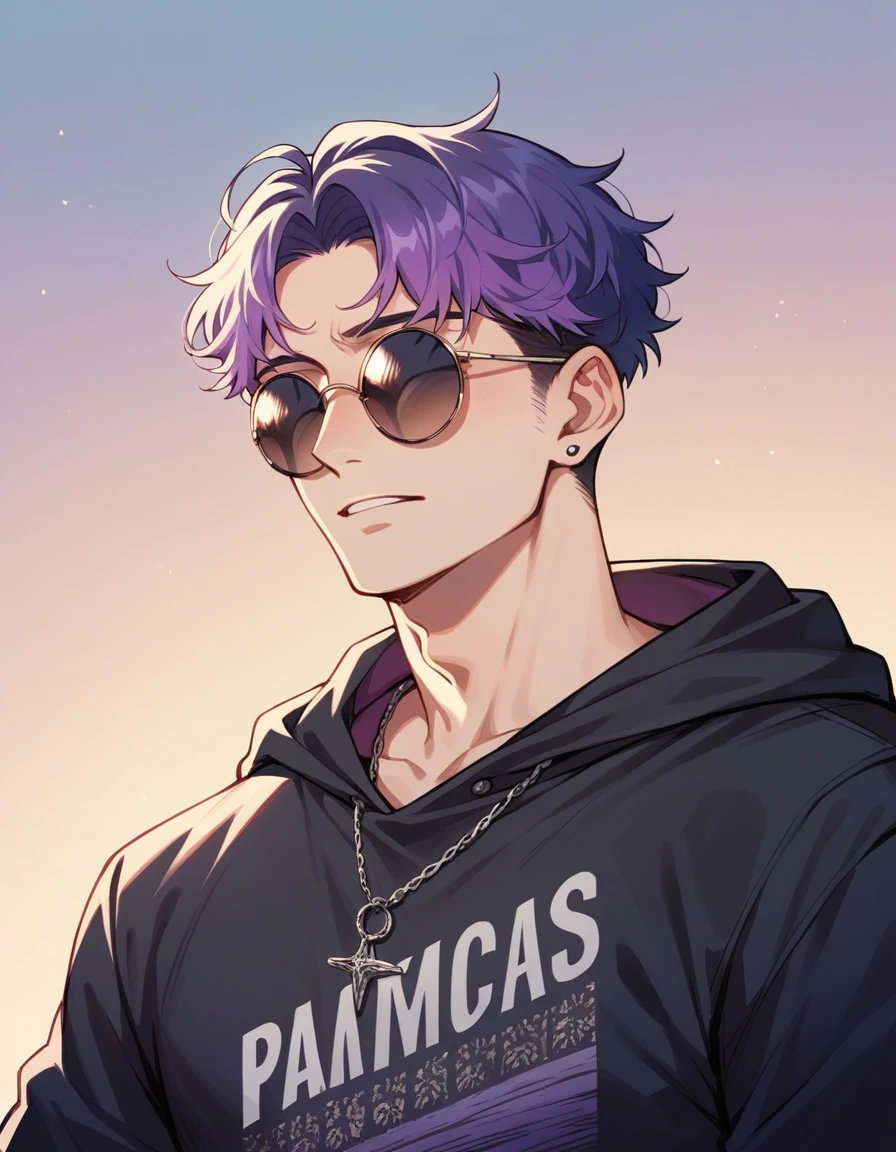 アニメ, best qualityer, white male, purple gradient hair, black jersey, round sunglasses, Grinning, with background in Paris at night